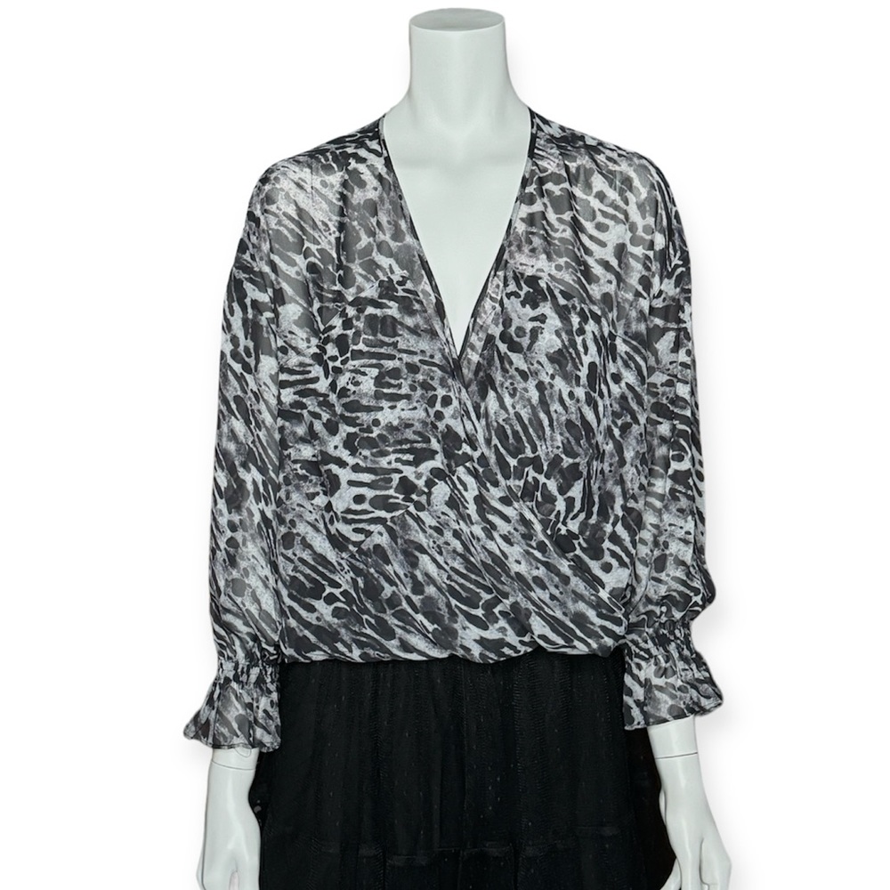 All Saints Penny Ambient Pale Grey Animal Print V-Neck Chiffon Top